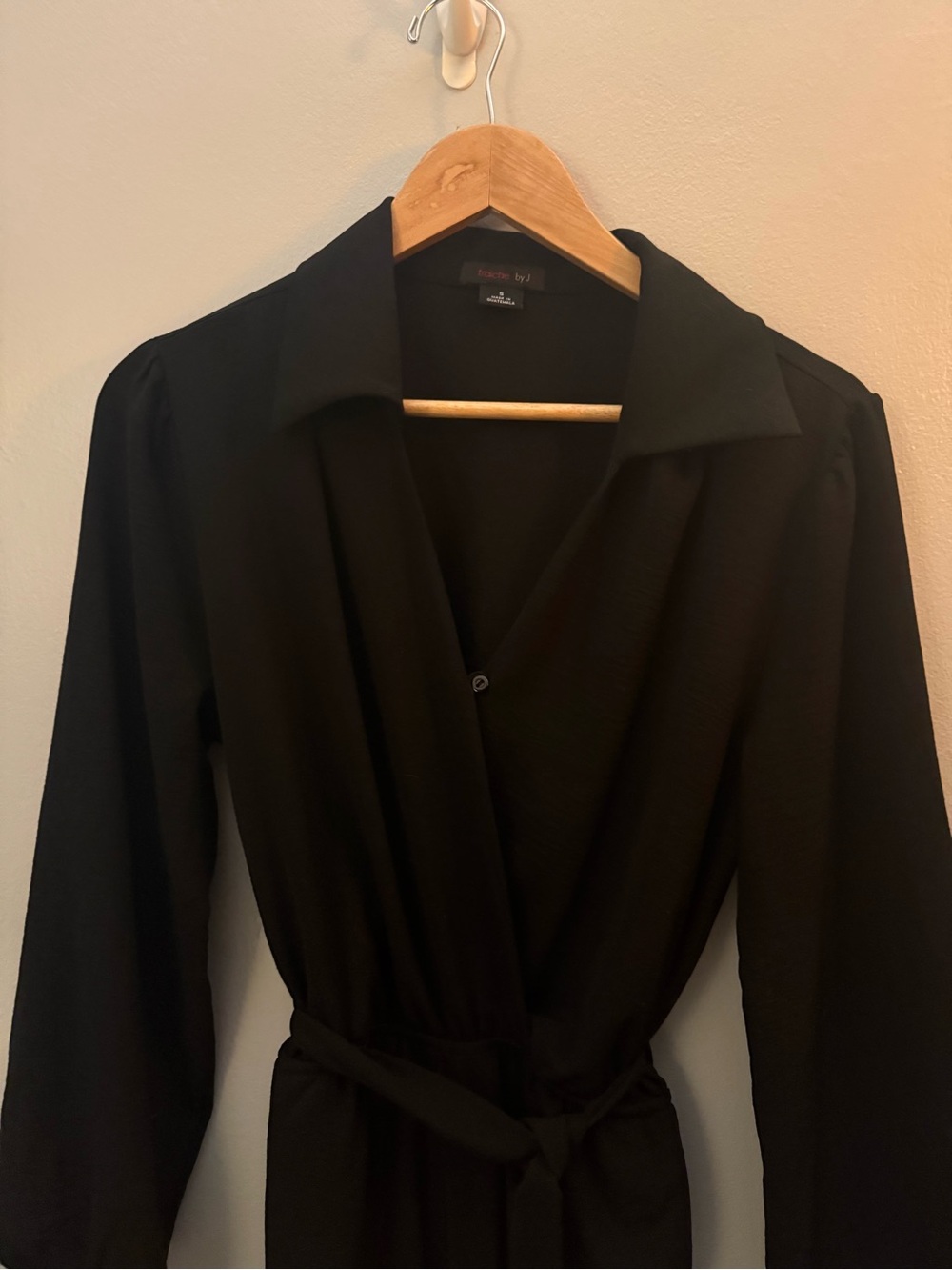 Jumpsuit Deep Collared Fitted Flare Wide Leg Black Long Sleeve Belted Jumpsuit